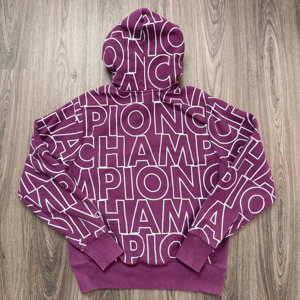 Champion Reverse Weave All Over Logo Hoodie Sweatshirt Pullover Purple Medium - Picture 3 of 7
